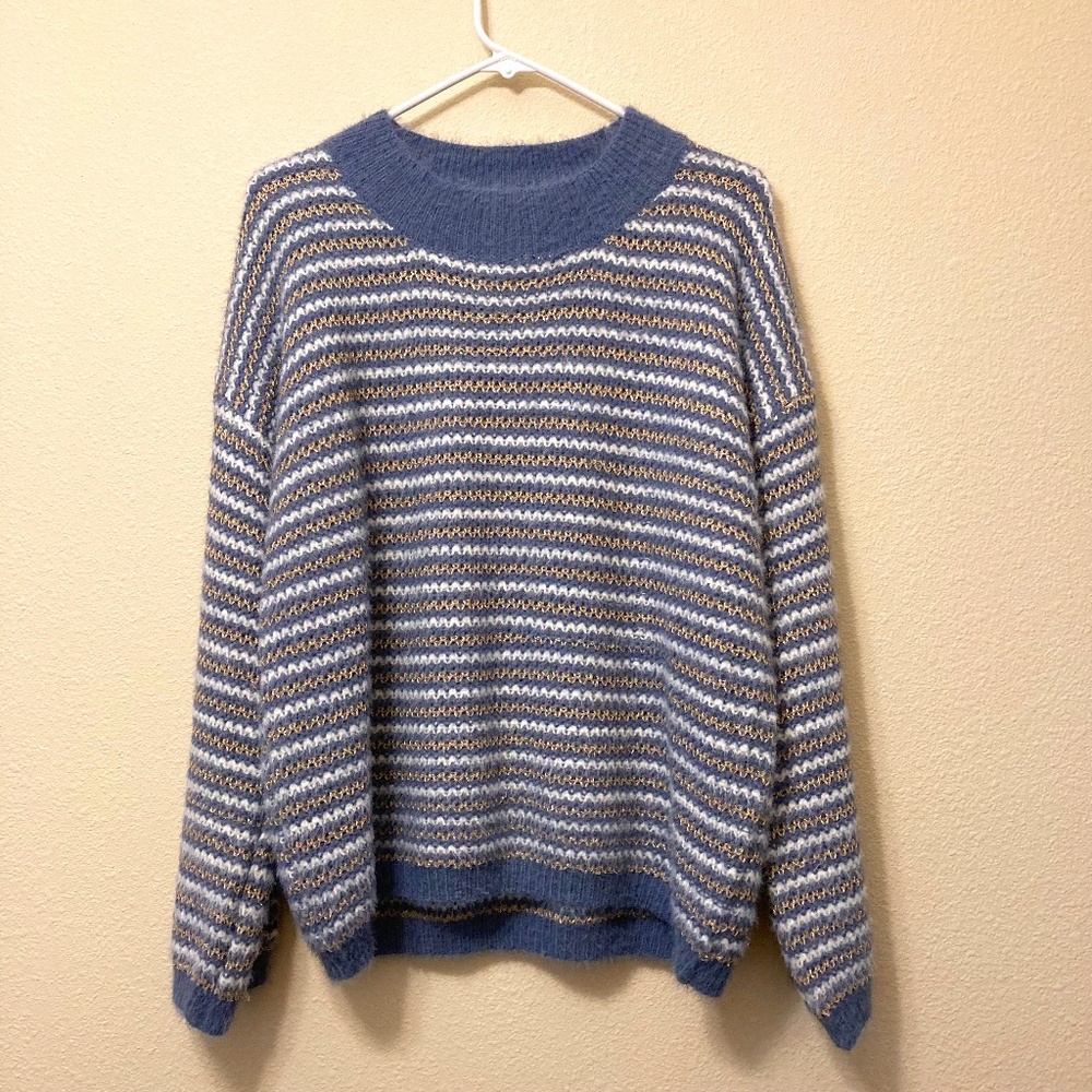 Anthropologie RAGA sweater, Wmns XS cozy, roomy Gray, gold and white stripes